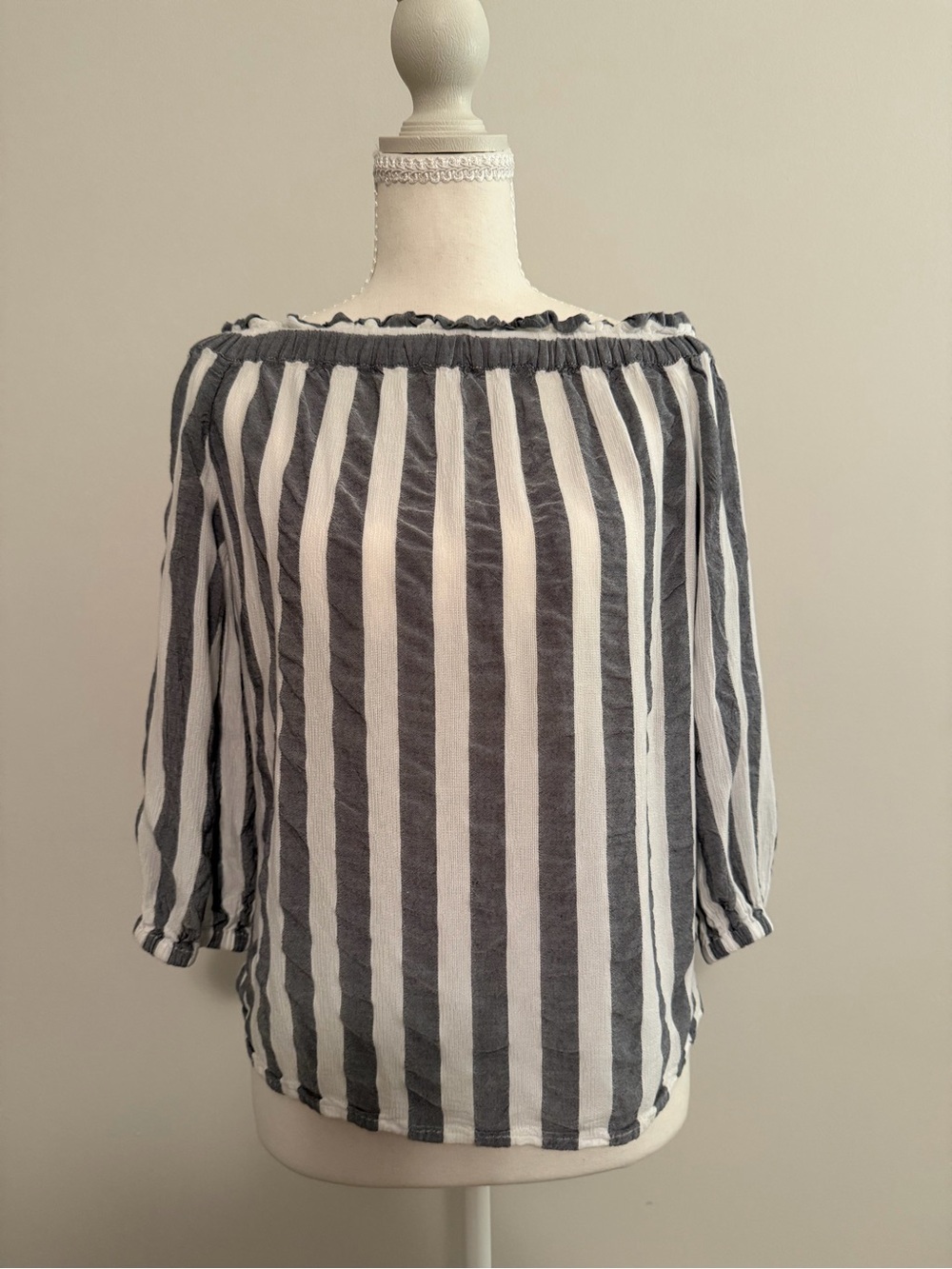 Banana Republic Vertical Striped Off-Shoulder Top in White and Gray